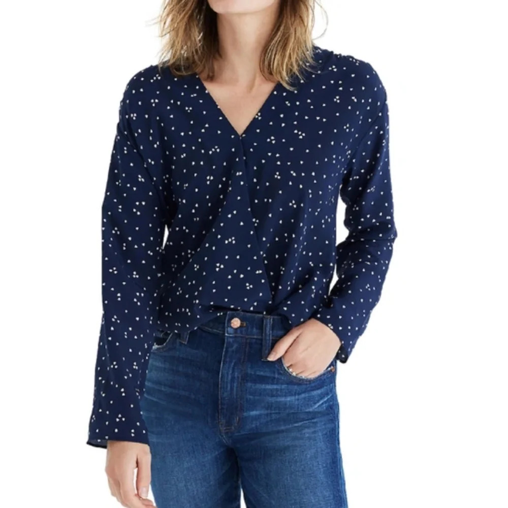 Madewell Faux Wrap 100% Silk Top with Heart Detailing Deep Navy Size Small EUC